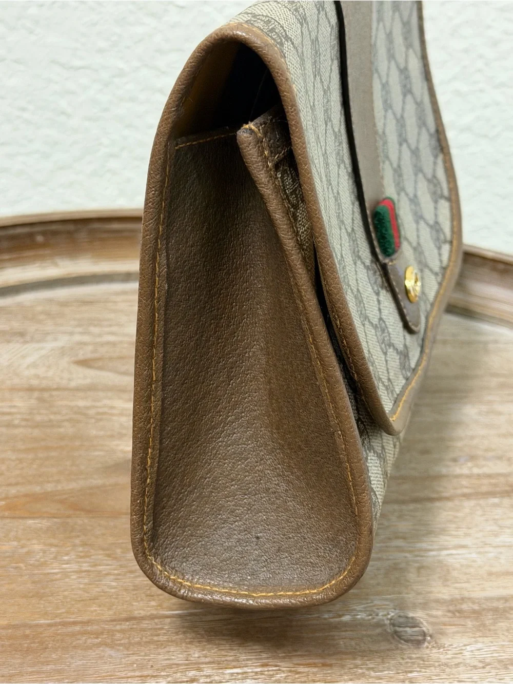 Gucci Brown GG Supreme Canvas Clutch with Green-Red Stripe